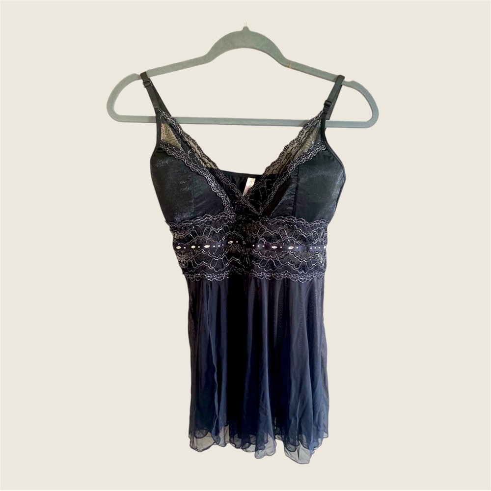 Whimsy Women Babydoll L Black Chemise Beaded Sheer Lace Lingerie‎ Slip Dress